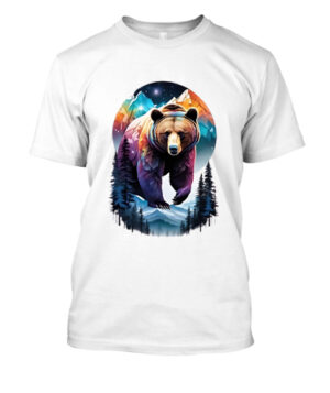 camiseta personalizada de oso galáctico colorido con paisaje de montaña y bosque