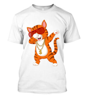 camiseta personalizada gato naranja haciendo dab con gafas y cadena